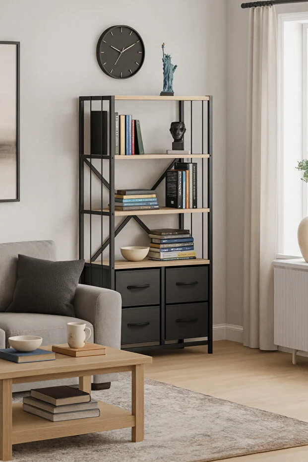 4 Çekmeceli 4 Raflı Kitaplık Çalışma Odası Düzenleyici Metal Kitaplık Deri Çekmeceli Kitaplık Antrasit